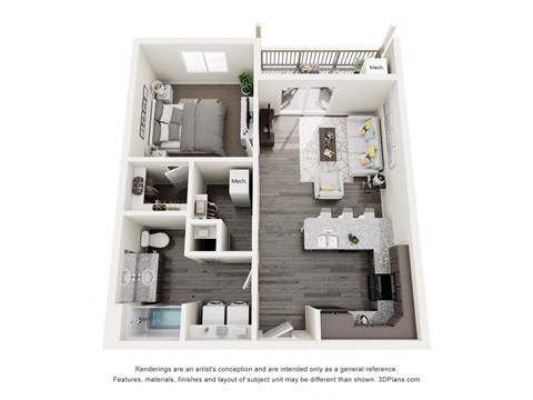 a stylized floor plan with a bedroom and a living room